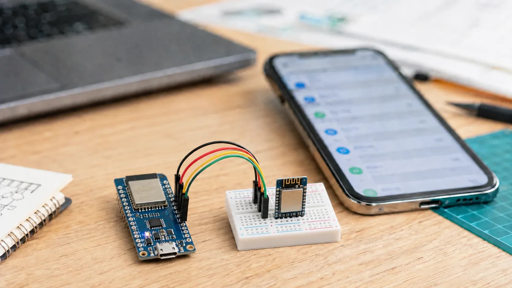 Board BLE 5.x kiểu nRF52 nối với board cảm biến và điện thoại đang kiểm tra kết nối GATT.