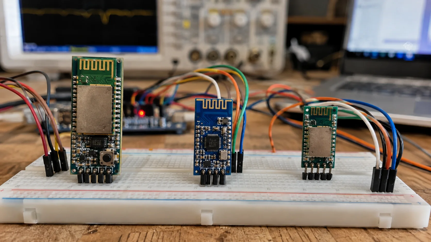 Ba module Bluetooth dạng breakout được đấu thử trên breadboard với vi điều khiển tại bàn điện tử.