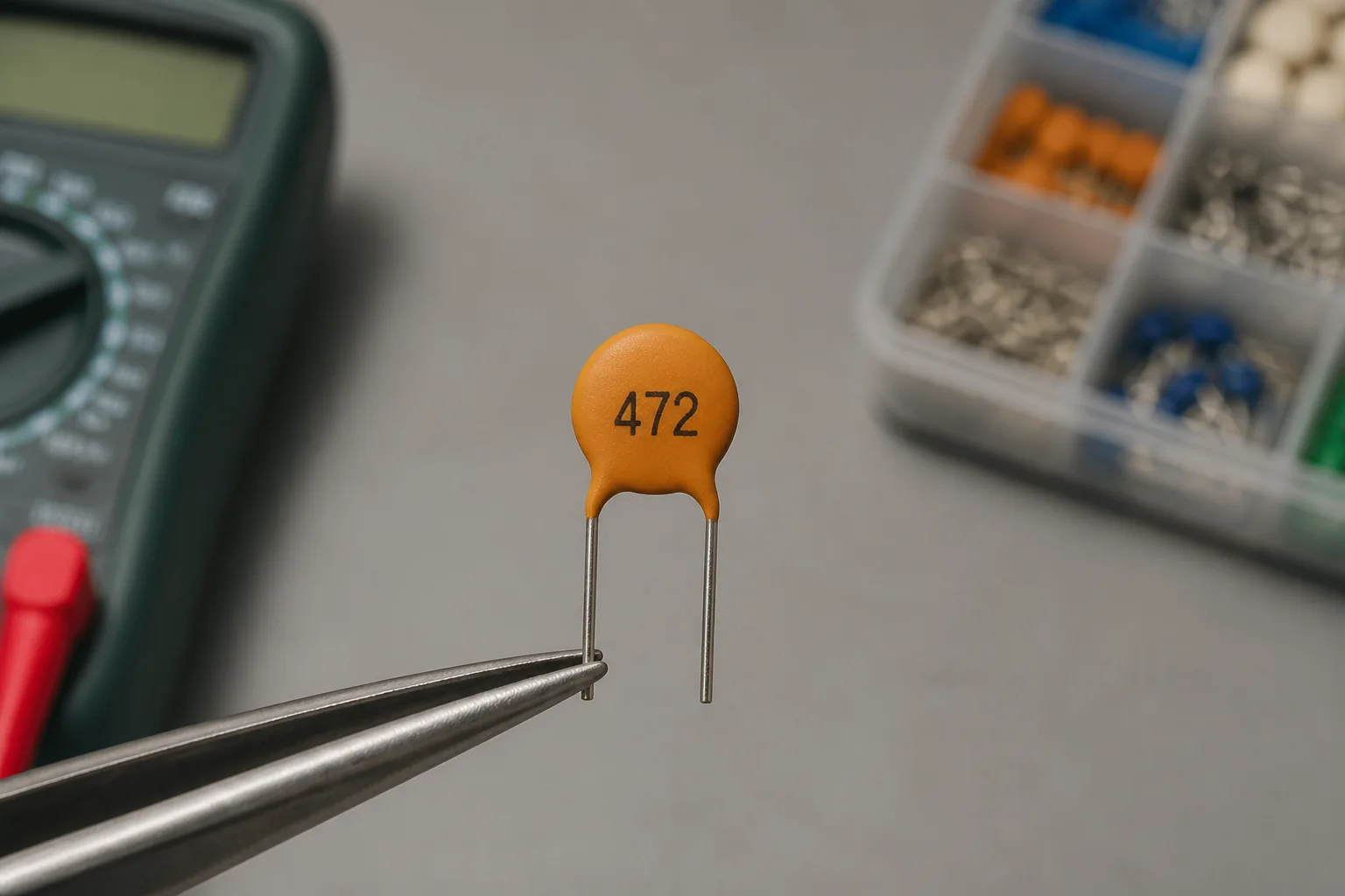 A ceramic capacitor with its value marking visible on the body