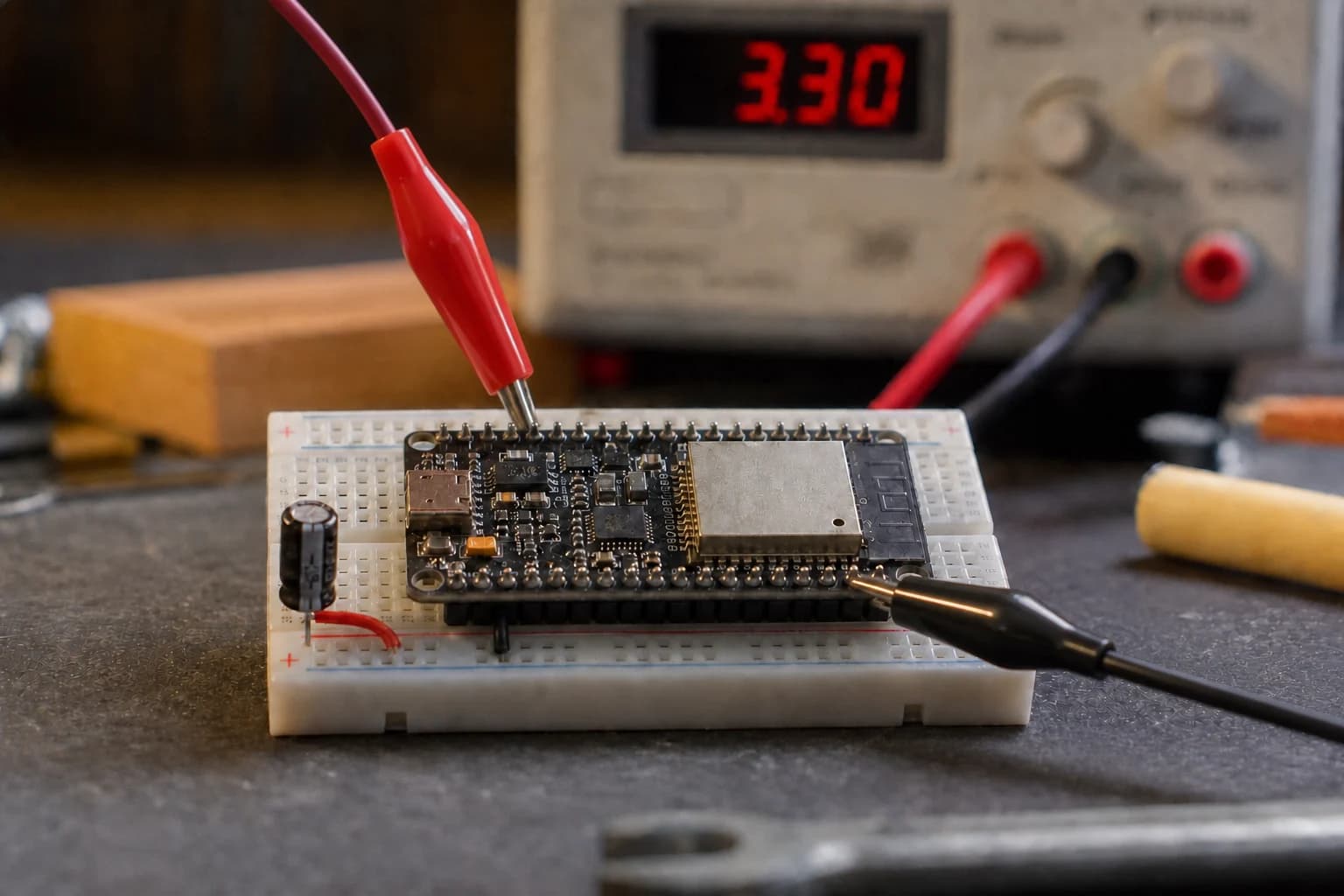 An ESP32 board on a breadboard has its 3.3V rail measured through two clips attached to header pins at a lab bench.