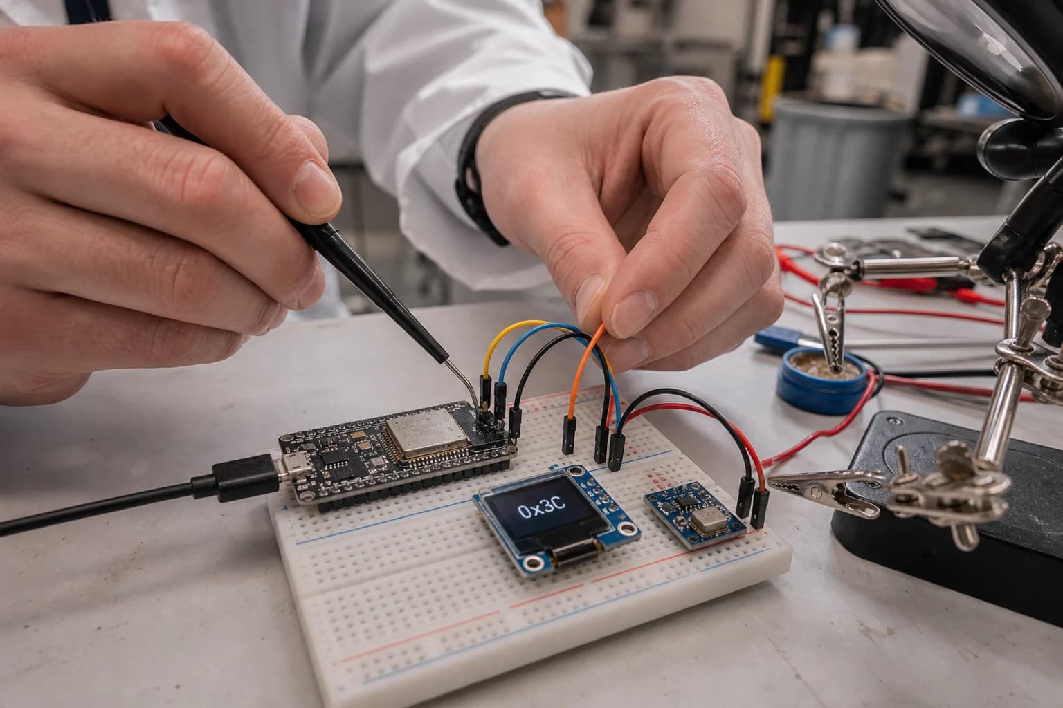 A technician checks wiring among an ESP32, an OLED display, and a sensor module on a breadboard.