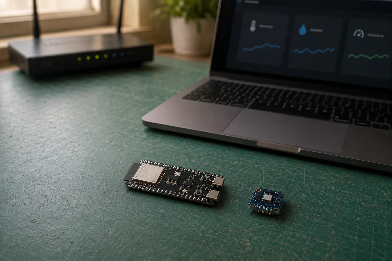 An ESP32-S3 development board beside a BME280 sensor and MacBook Pro displaying a local sensor dashboard on a realistic electronics workbench