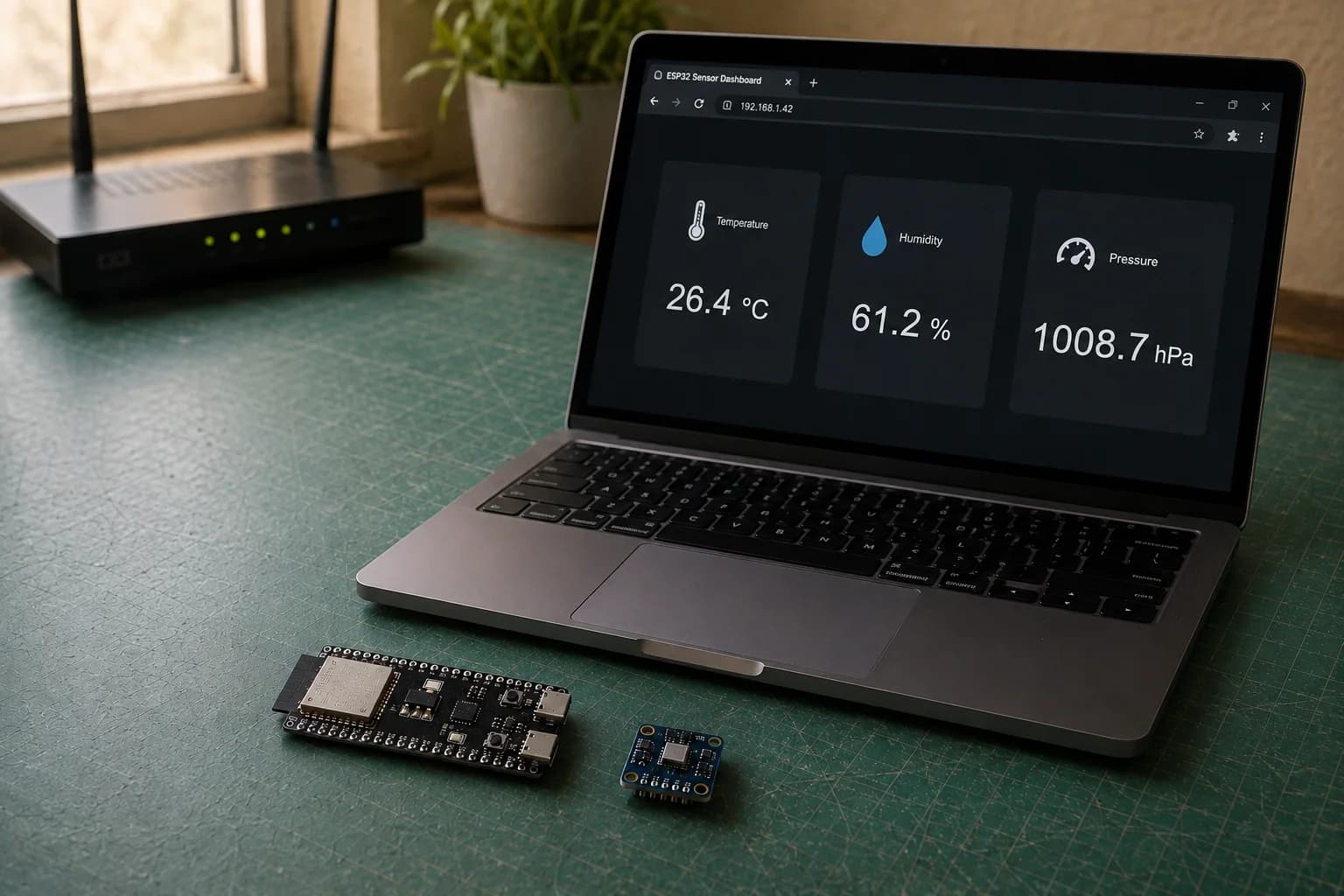 A MacBook Pro shows a local temperature, humidity, and pressure dashboard beside an ESP32-S3 and BME280 sensor.