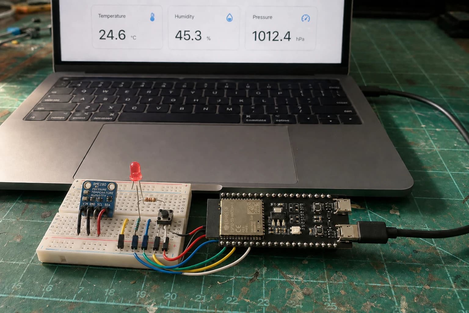 A complete ESP32-S3 room comfort monitor prototype with BME280, pushbutton, status LED, and a local dashboard on a MacBook Pro