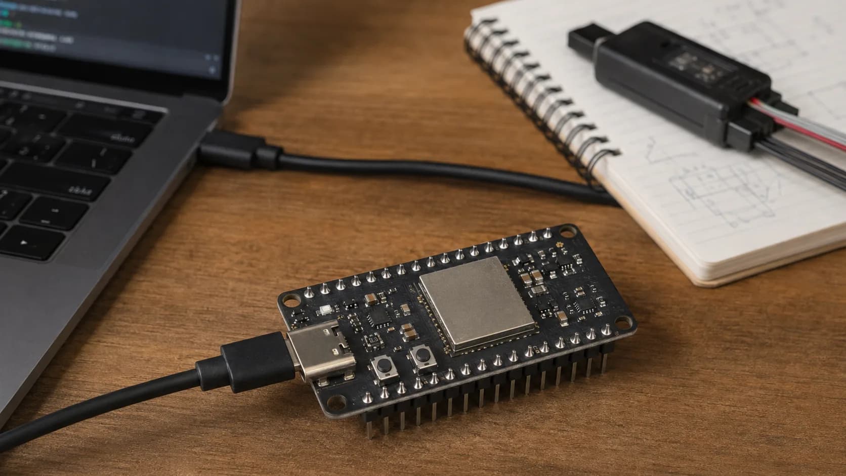 ESP32-P4 development board connected to a laptop on an embedded systems workbench