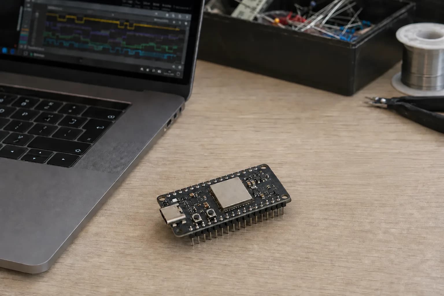 Board phát triển ESP32-P4 nối probe logic analyzer cạnh laptop có giao diện debug làm mờ