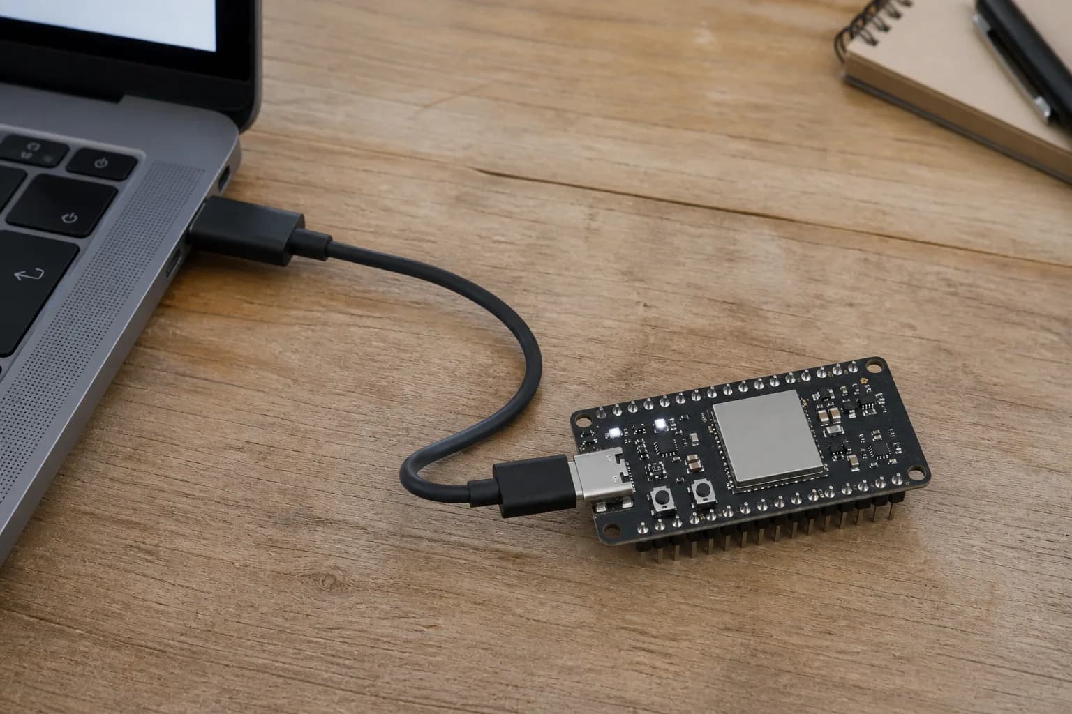 Board phát triển ESP32-P4 nối laptop bằng một dây USB để nạp firmware