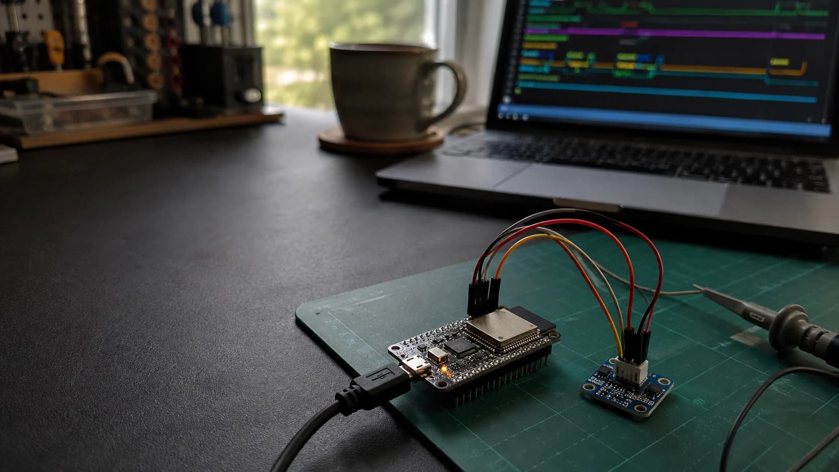 An ESP32 development board connected to a small sensor on a realistic electronics workbench
