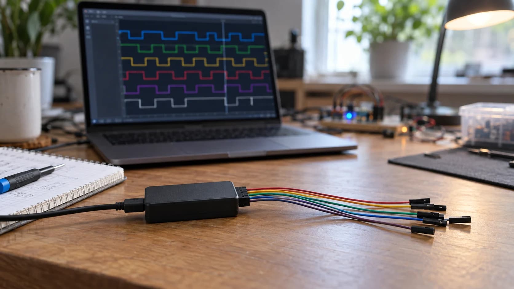 Logic analyzer và dây Dupont trên bàn lab khi chuẩn bị kiểm tra timing của firmware