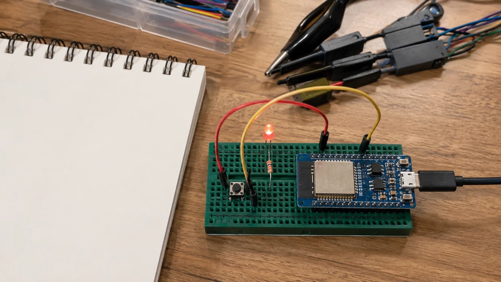 Board ESP32 nối với nút nhấn và đèn LED trên breadboard trong một bài thử multitasking