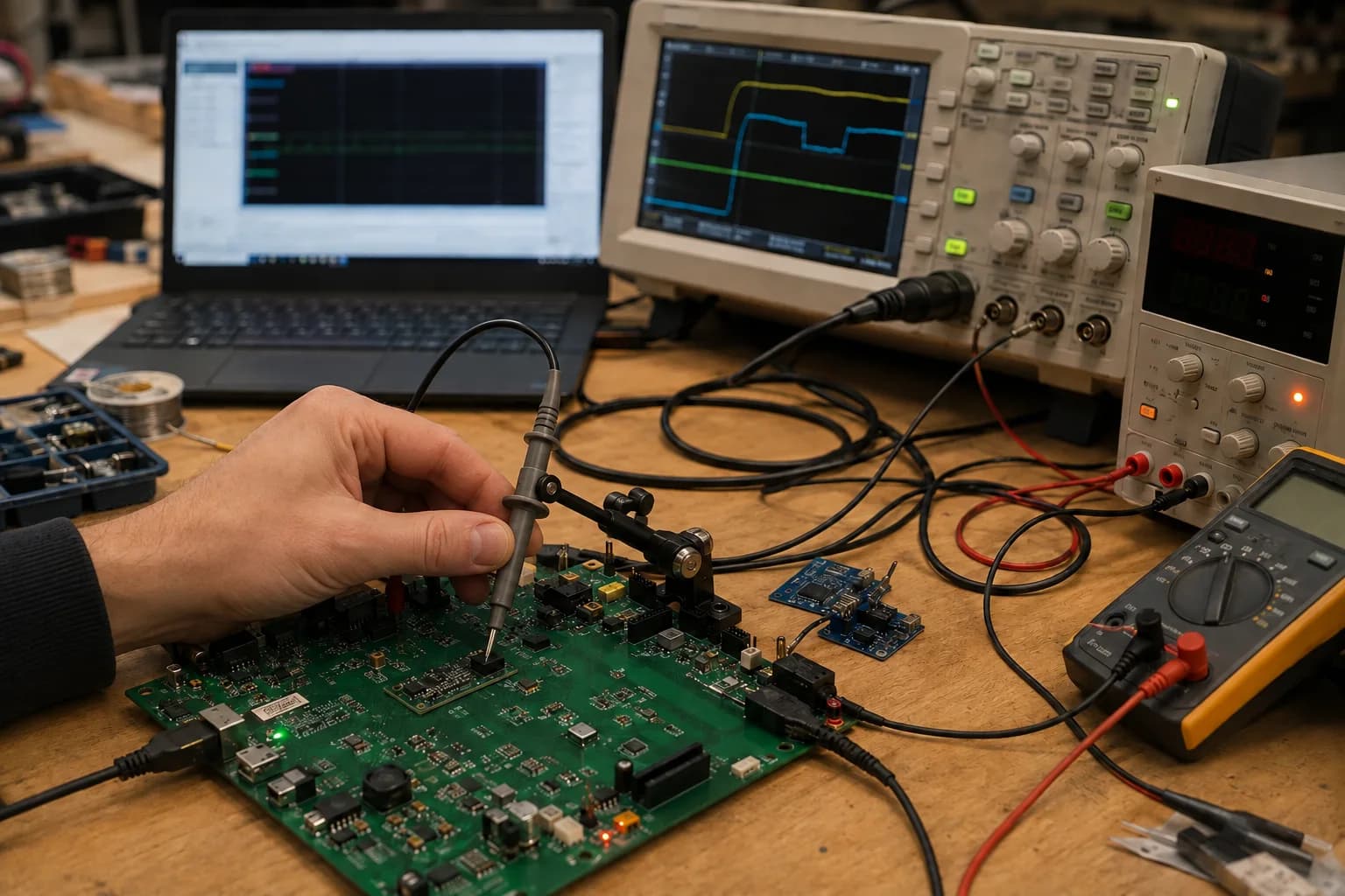 PCB bring-up bench with an oscilloscope, programmable supply, multimeter, and prototype board.