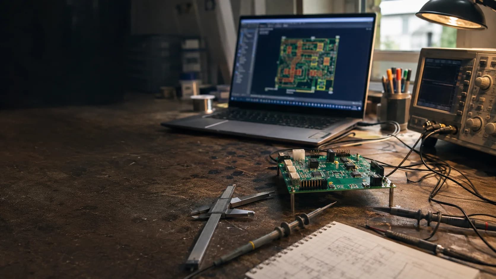 Real PCB engineering workstation with KiCad-style layout, oscilloscope, and prototype board