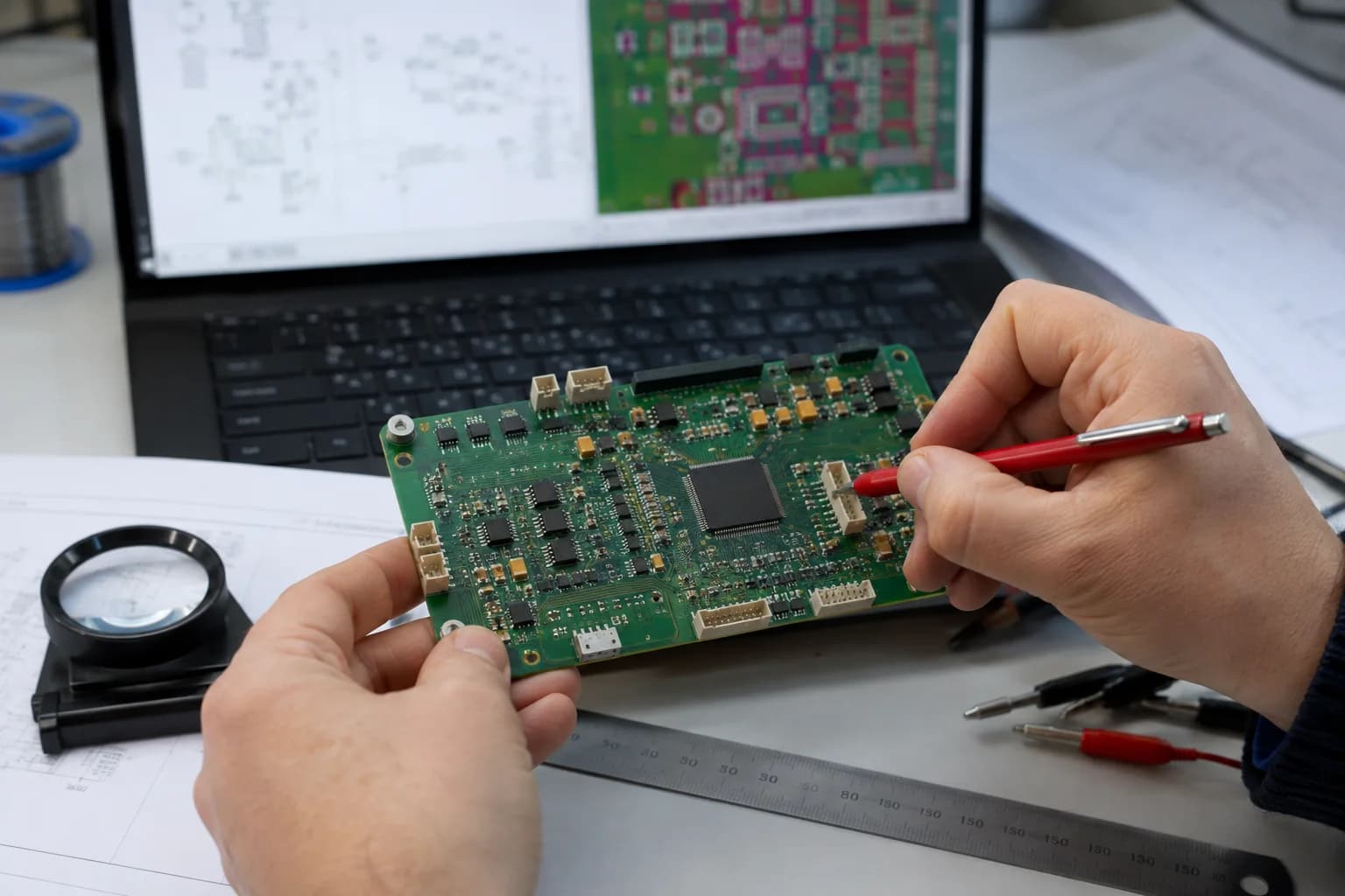 Engineer reviewing a real PCB beside a schematic and KiCad-style layout on a laptop.