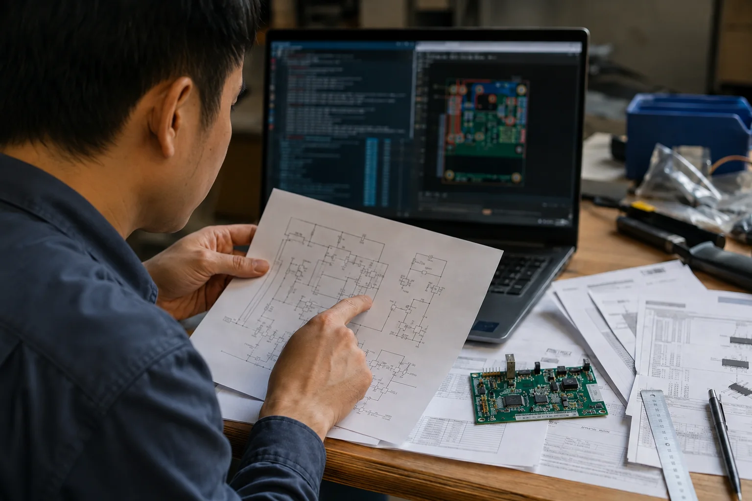 Engineer comparing a printed schematic, PCB prototype, and AI-assisted design on a laptop.