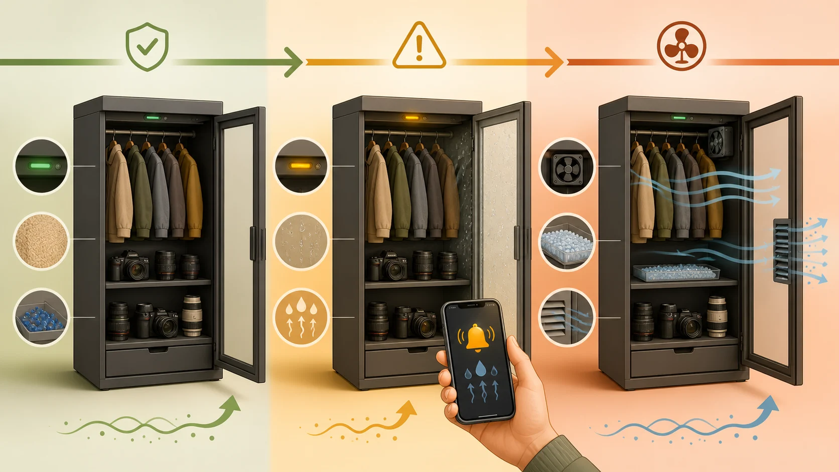 Illustration of three humidity states inside a camera cabinet: safe, warning, and action with desiccant or airflow.