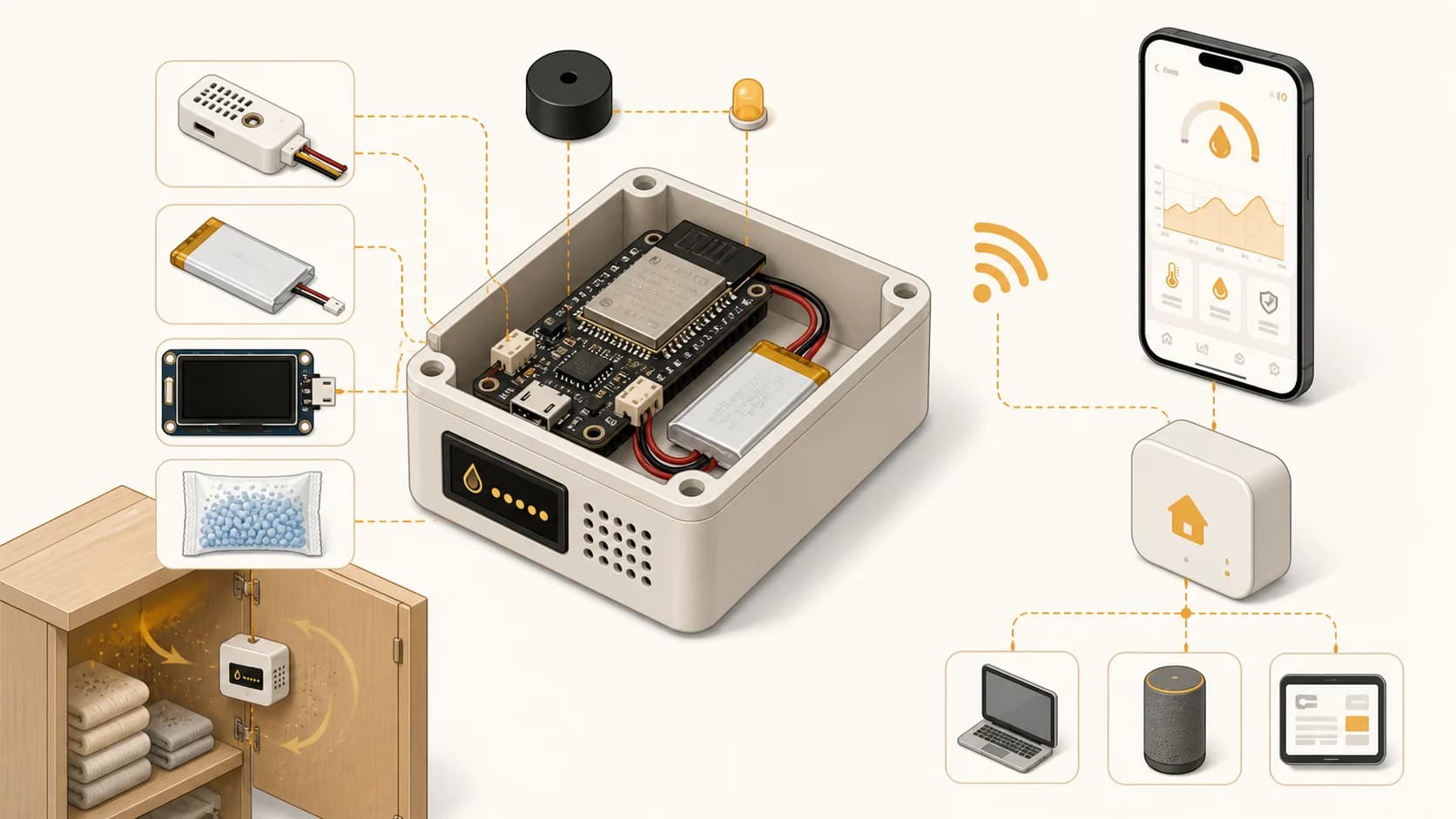 Illustration of an ESP32 humidity monitoring box with a humidity sensor, battery, display, alert output, and a phone or Home Assistant connection.