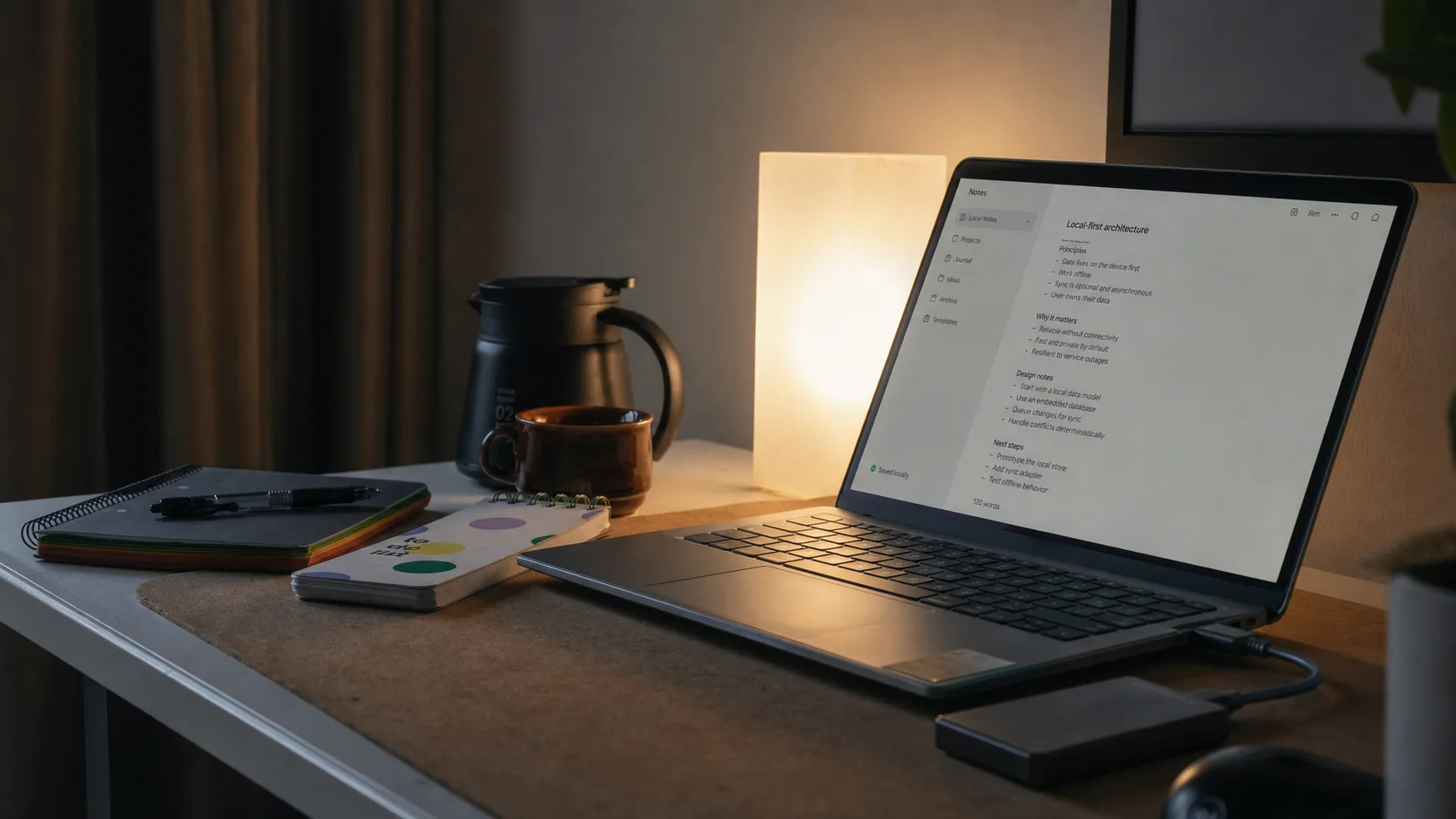 A local-first notes app and an external drive on a real developer desk