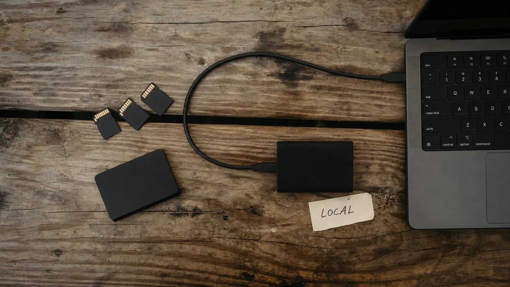 Unbranded local storage cards and external SSDs beside a laptop on a wooden desk