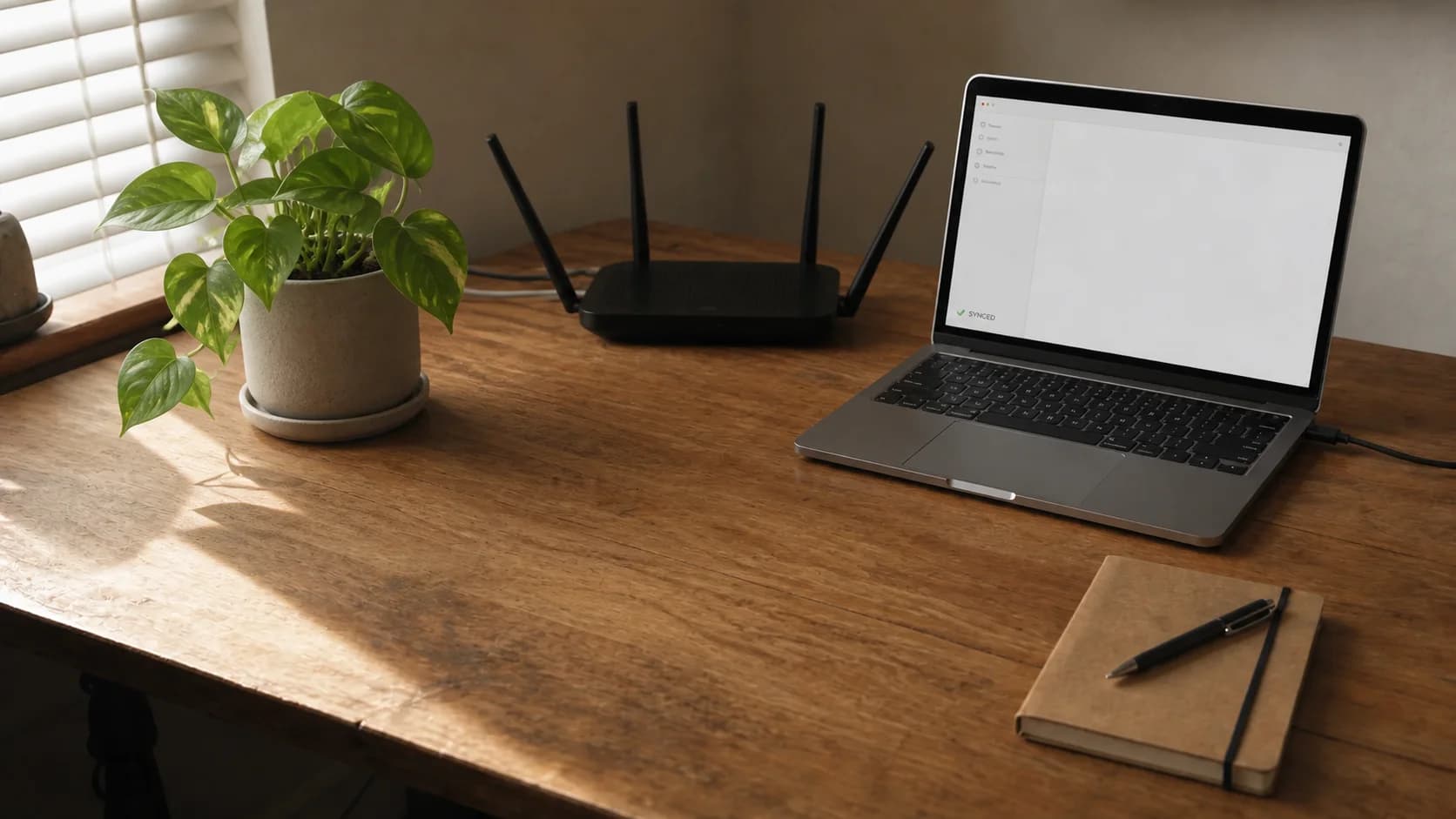 One laptop showing a synced notes app beside a four-antenna home router and a potted plant