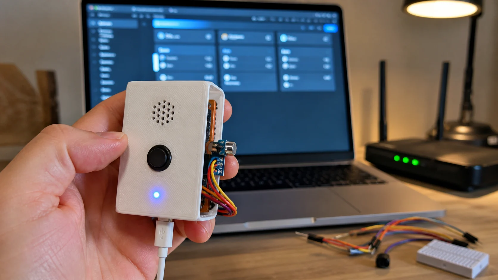 A 3D-printed ESP32-S3 voice remote prototype being tested with a laptop running Home Assistant in the background.