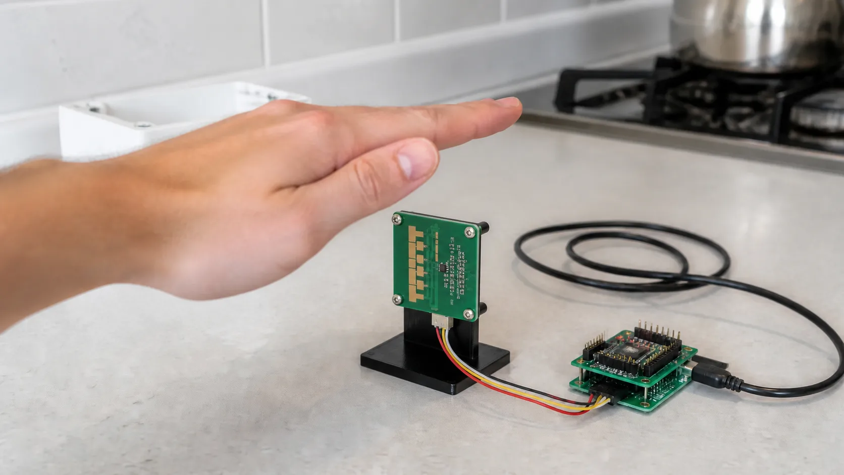 A hand makes a horizontal gesture at close range in front of an mmWave radar module connected to a microcontroller.