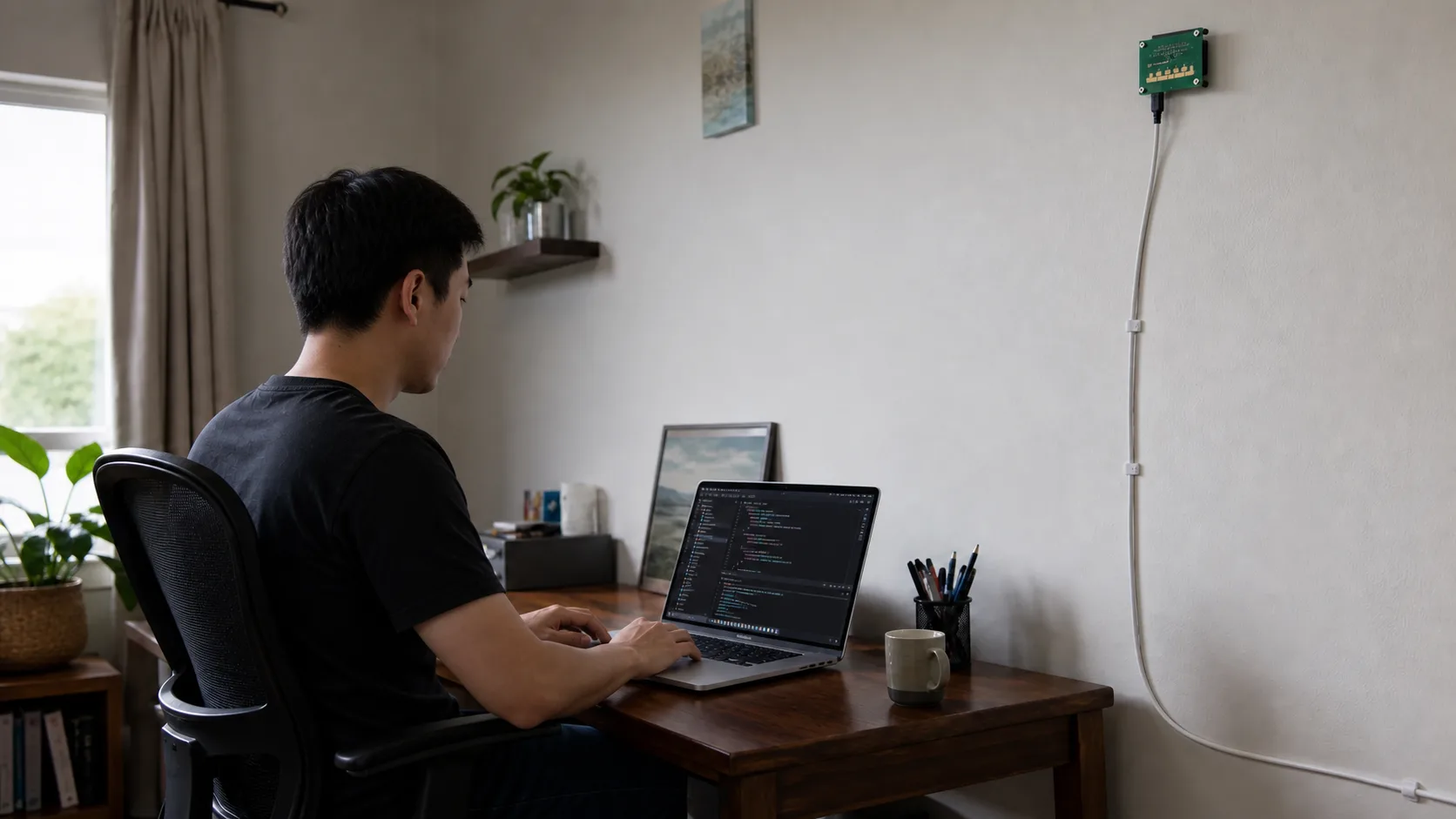A Vietnamese engineer writes code on a MacBook Pro while a wall-mounted mmWave radar module tests presence detection.