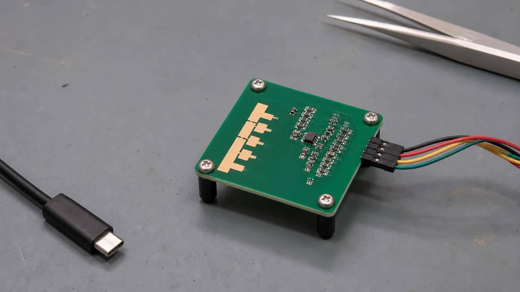 Close view of a 60 GHz mmWave radar development board with its antenna area and processing circuit on an ESD mat.