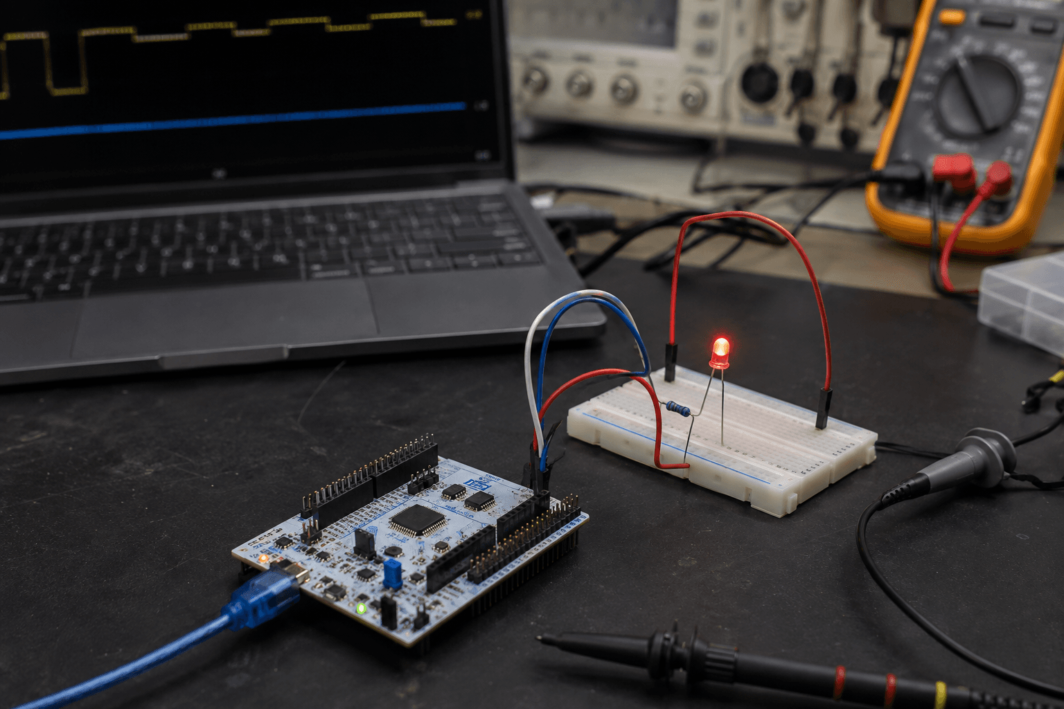 Board STM32 Nucleo nối với LED và nút nhấn trên breadboard để học GPIO.