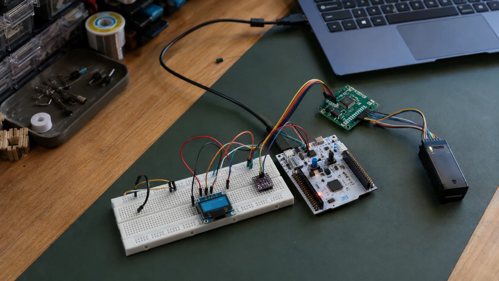 STM32 Nucleo board connected to UART, I2C, and SPI test hardware on an electronics workbench