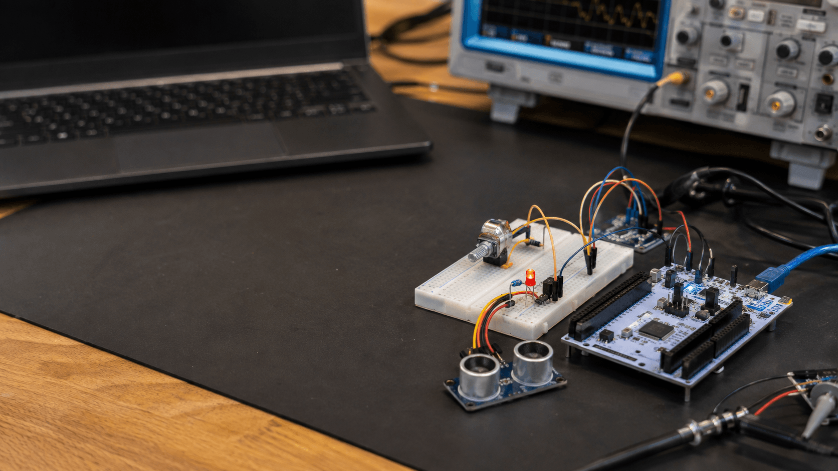 STM32 Nucleo board with analog input, PWM LED and DMA test hardware on an electronics workbench