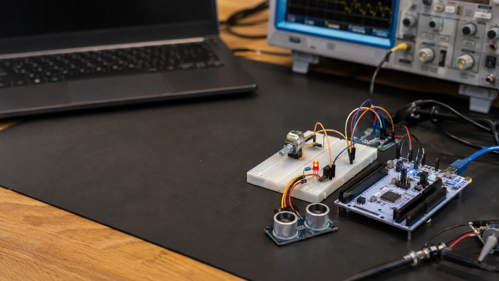 STM32 Nucleo board with analog input, PWM LED and DMA test hardware on an electronics workbench