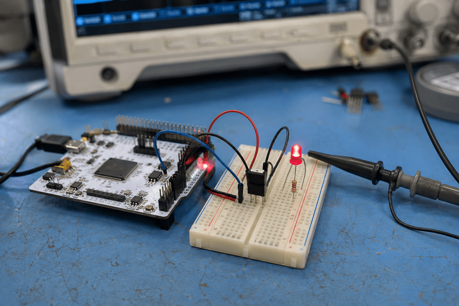 Board STM32 Nucleo nối oscilloscope và laptop trong phép thử DMA theo block dữ liệu.