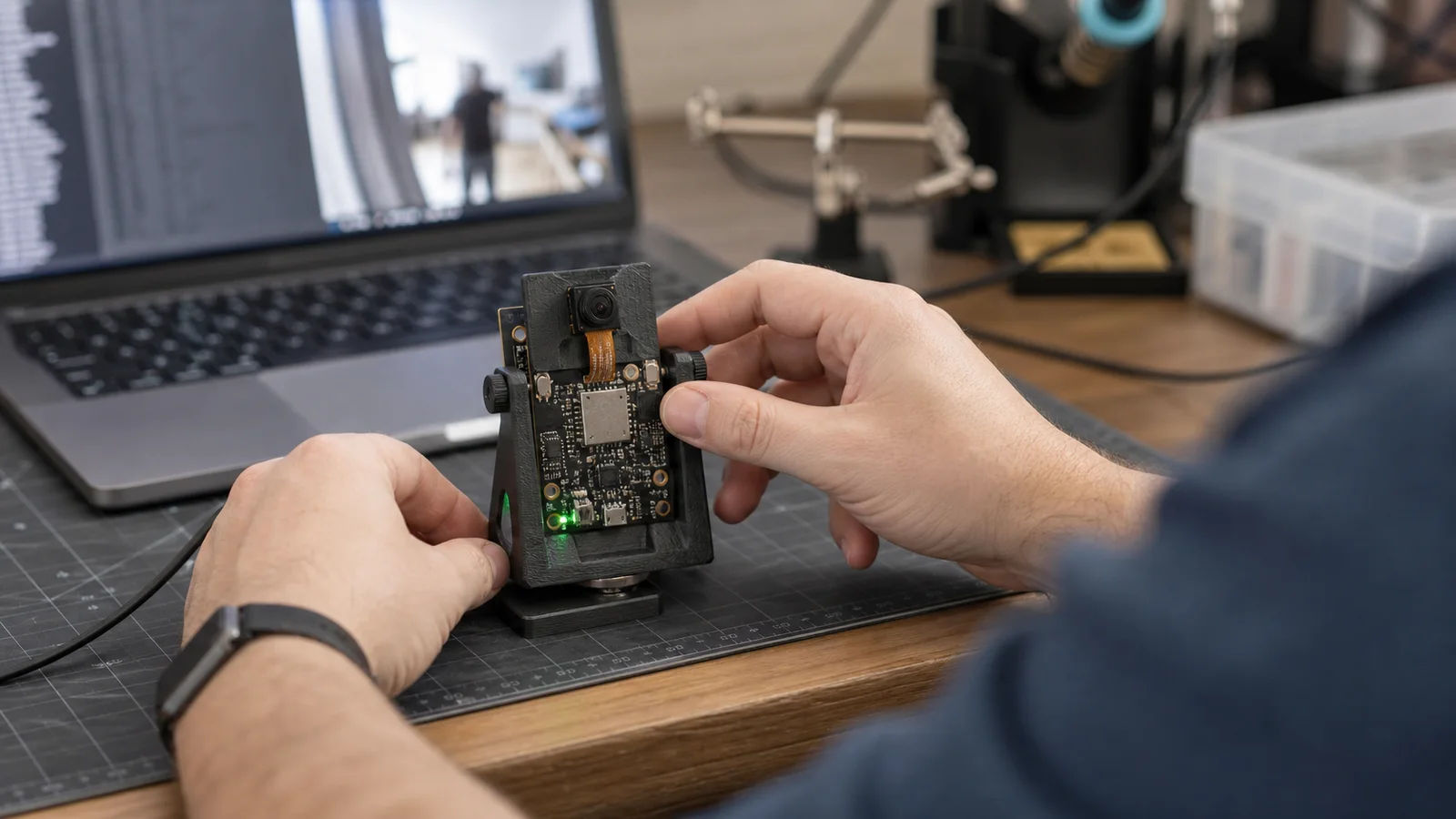 A maker adjusts a camera attached to an ESP32-S3 board while testing person detection.