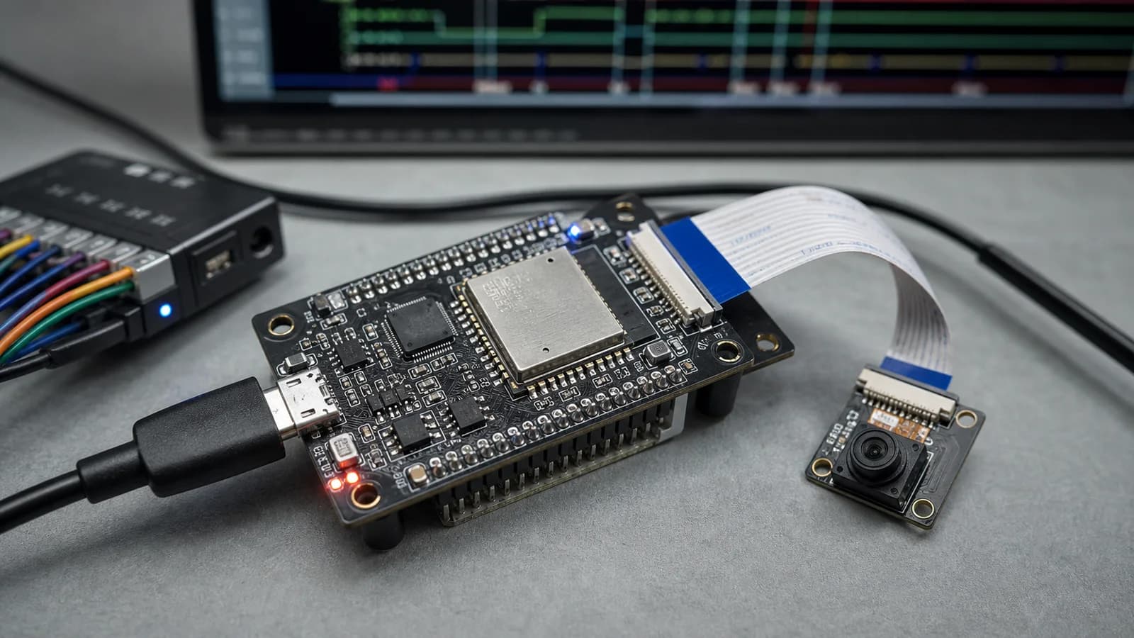 ESP32-S3 board connected to a camera and measurement equipment for inference timing tests.