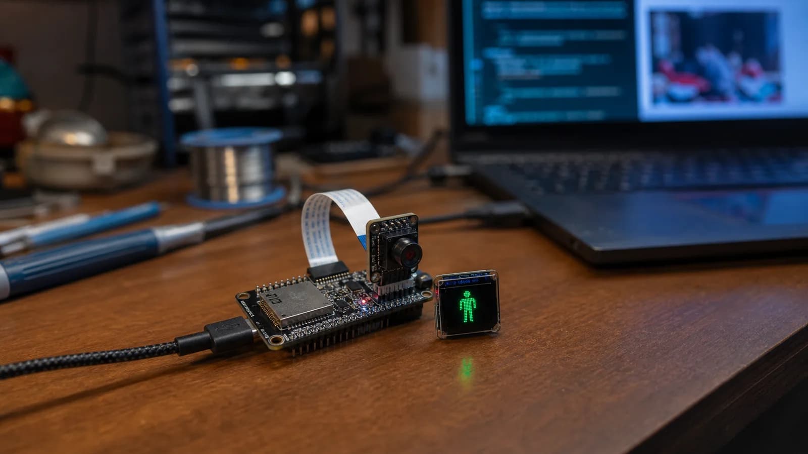 Camera-equipped ESP32-S3 prototype running person detection locally on a workbench