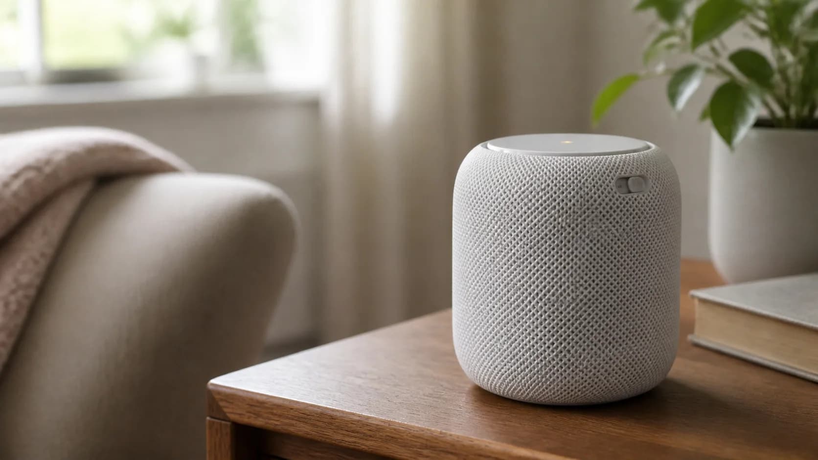 An unbranded smart speaker with a physical microphone mute switch in a real living room