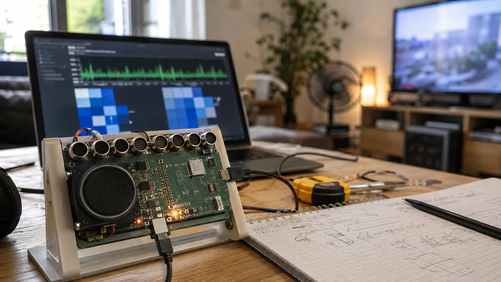 Bàn test wake word với prototype ESP32-S3, microphone, loa, laptop và các nguồn tiếng ồn trong phòng.