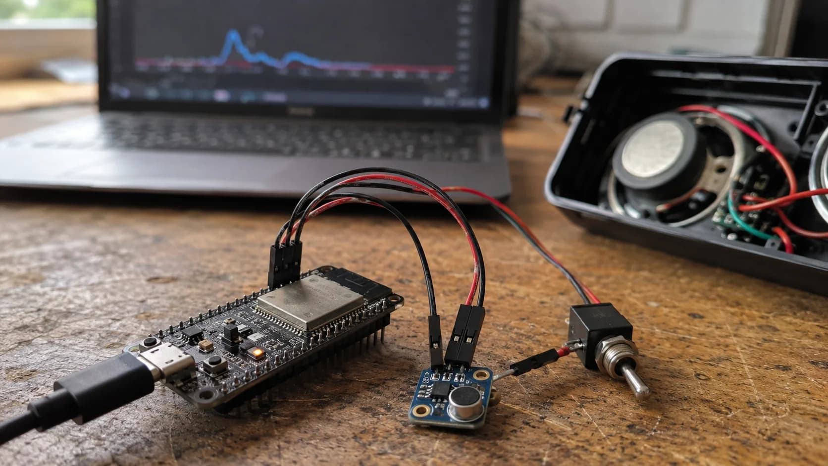 Prototype thiết bị voice mở vỏ trên bàn điện tử, cạnh board ESP32-S3, microphone I2S và laptop theo dõi ngưỡng.