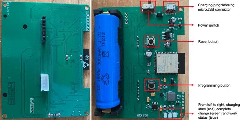 AQuality32 ESP32 air quality monitor PCB with sensor and display layout