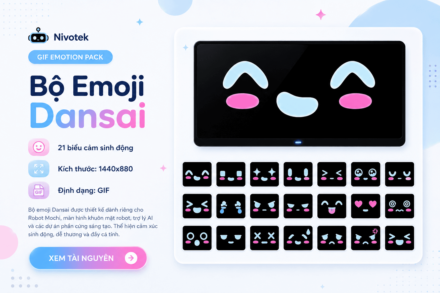 Dansai emoji GIF pack preview with animated robot expressions for Mochi