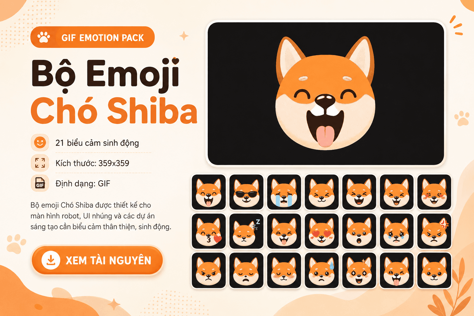 Shiba dog emoji GIF pack preview for Mochi robot face animations
