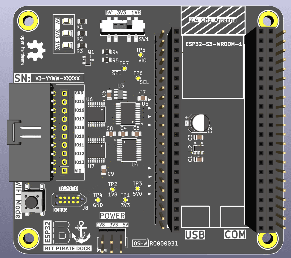 ESP32 Bit Pirate Dock PCB with voltage level shifting carrier board layout