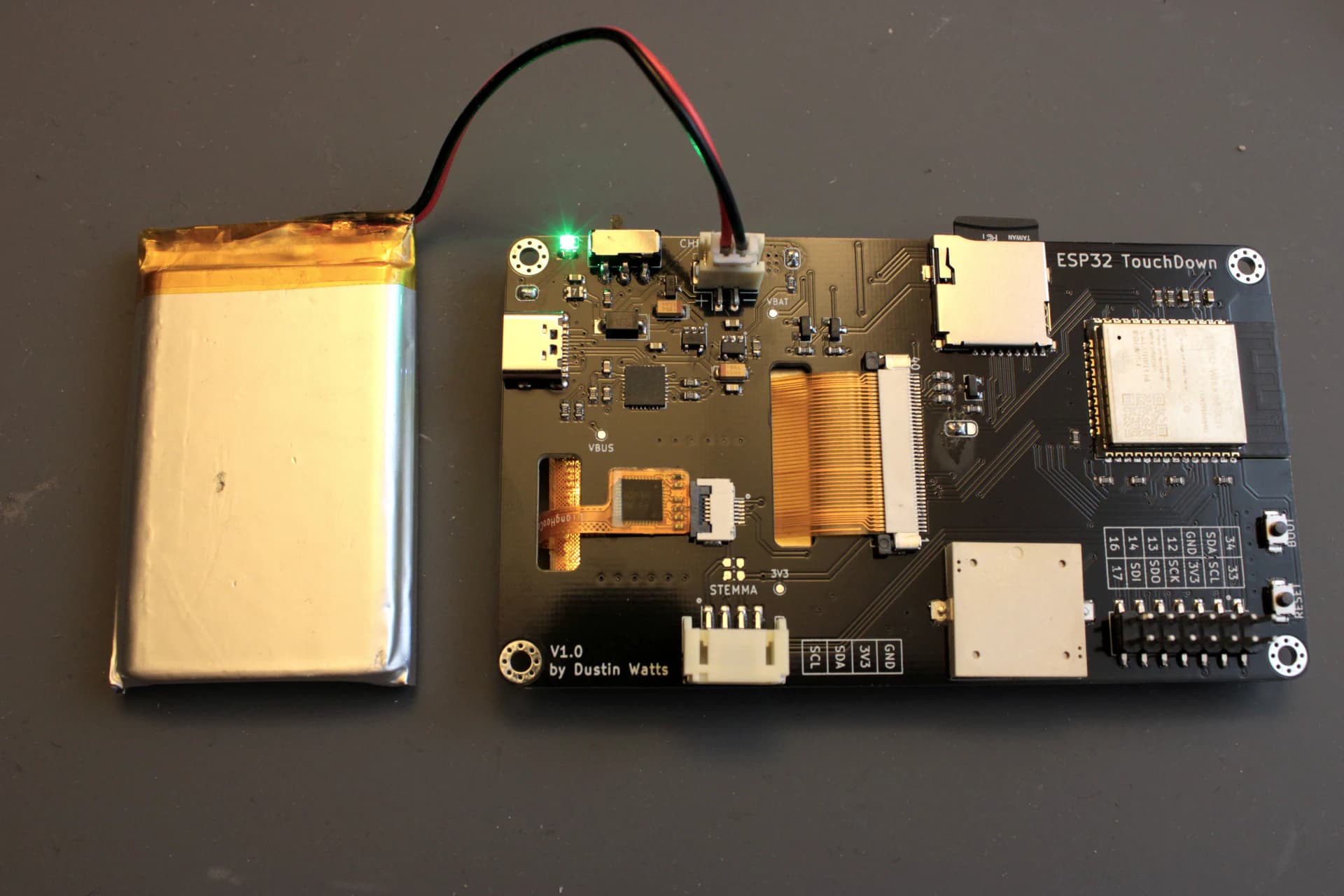 ESP32 TouchDown touchscreen controller PCB with display and connector layout