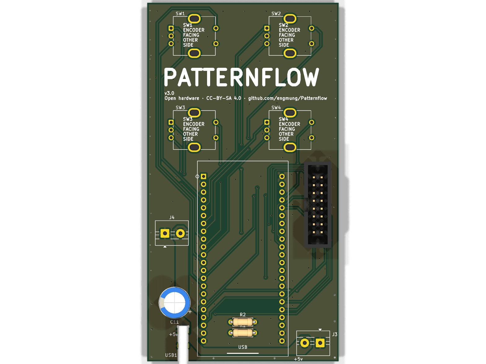 PatternFlow LED synthesizer PCB with ESP32-S3, controls and LED output connectors