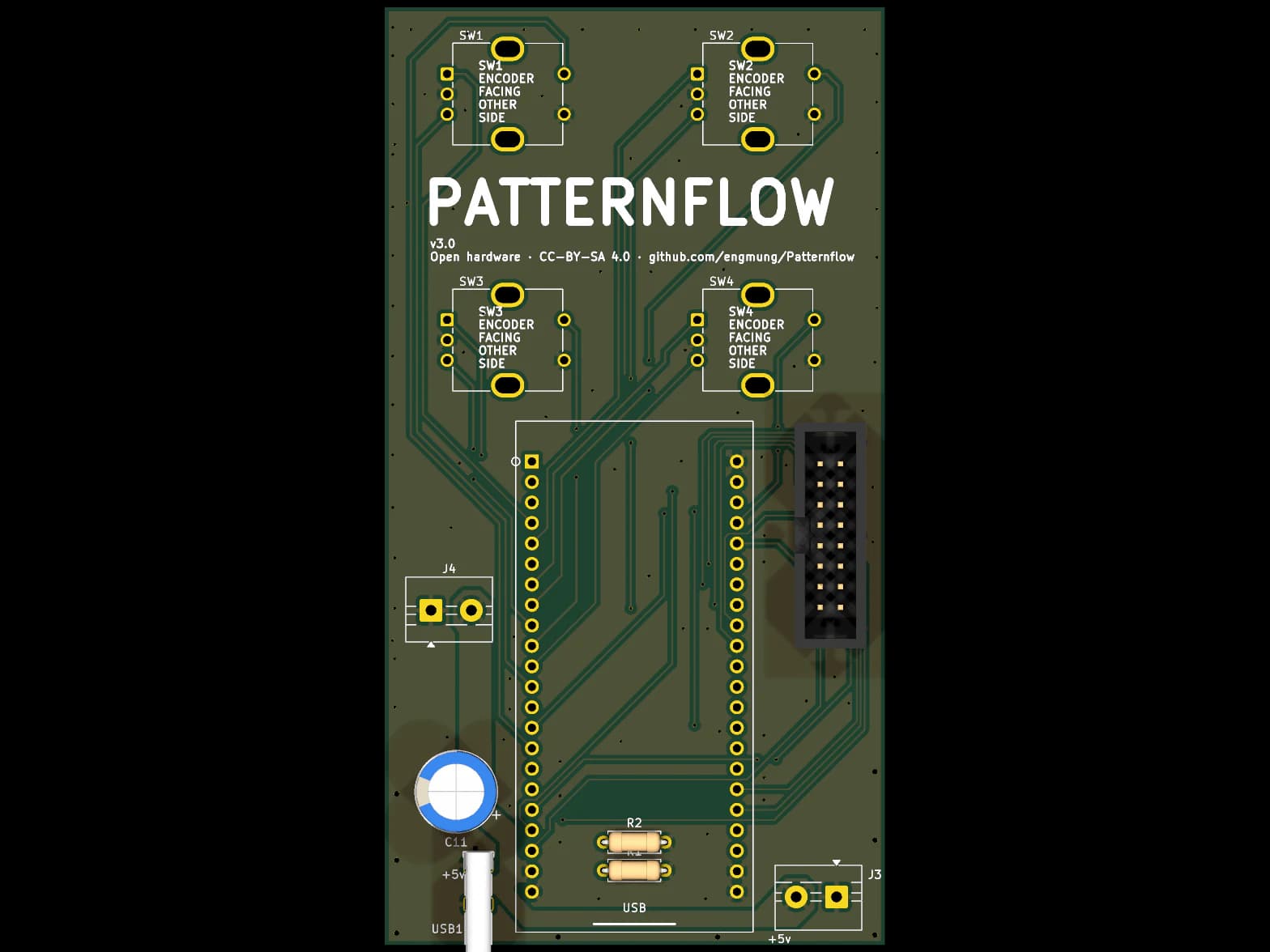 PatternFlow LED synthesizer PCB with ESP32-S3, controls and LED output connectors