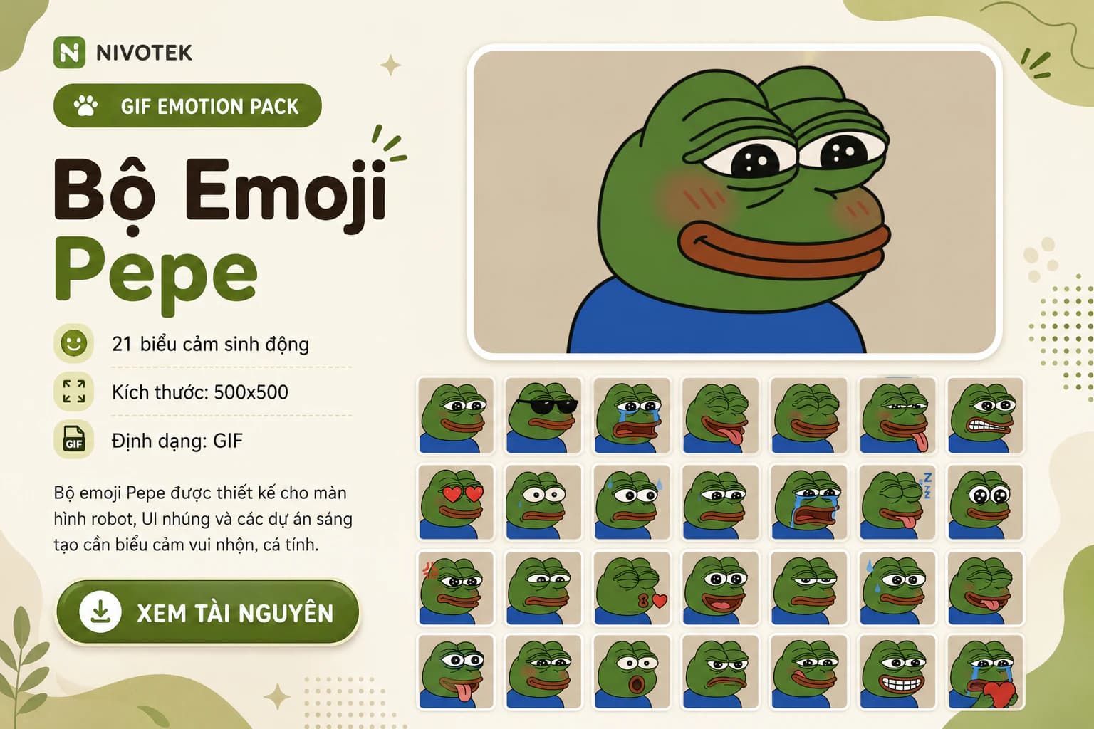 Pepe emoji GIF pack preview with animated expressions for Mochi robot display