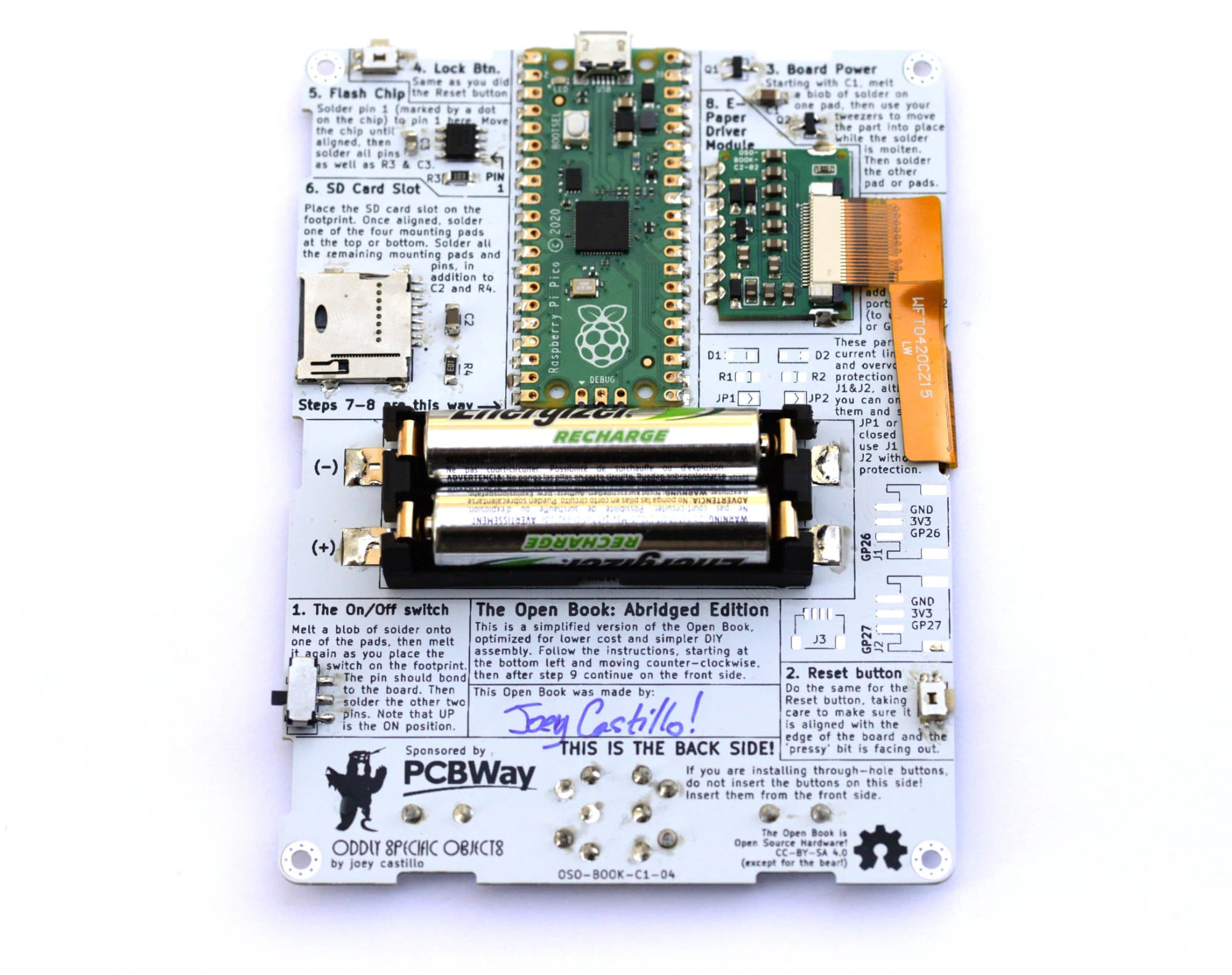 Open Book e-reader PCB with Raspberry Pi Pico, e-paper display connector and controls