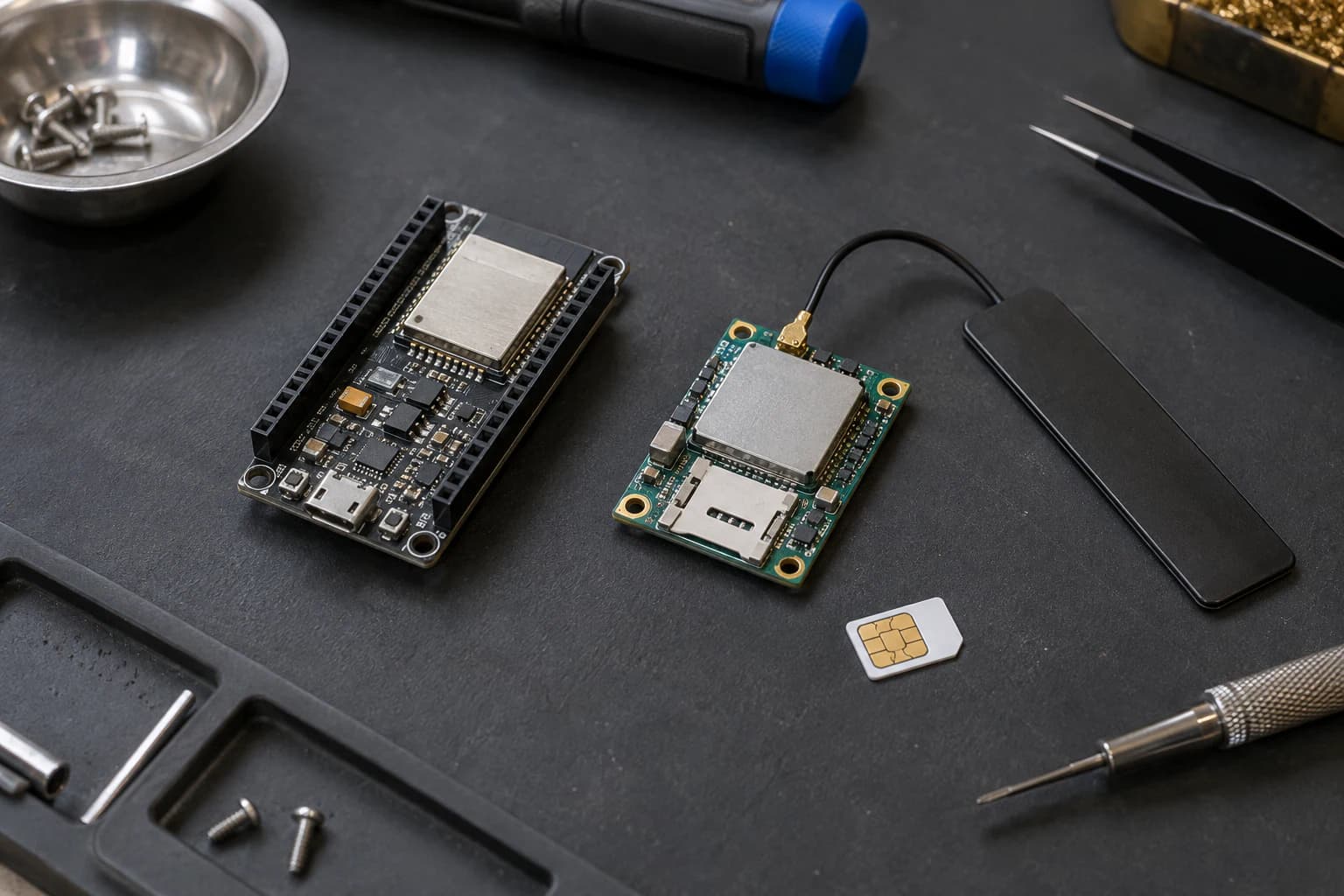 ESP32 development board wired to a compact cellular IoT modem and LTE antenna on a maker workbench