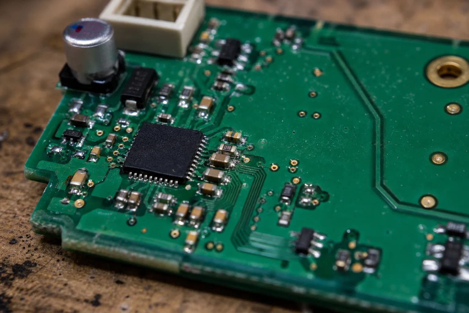 Close-up of SMD capacitors and resistors on a printed circuit board