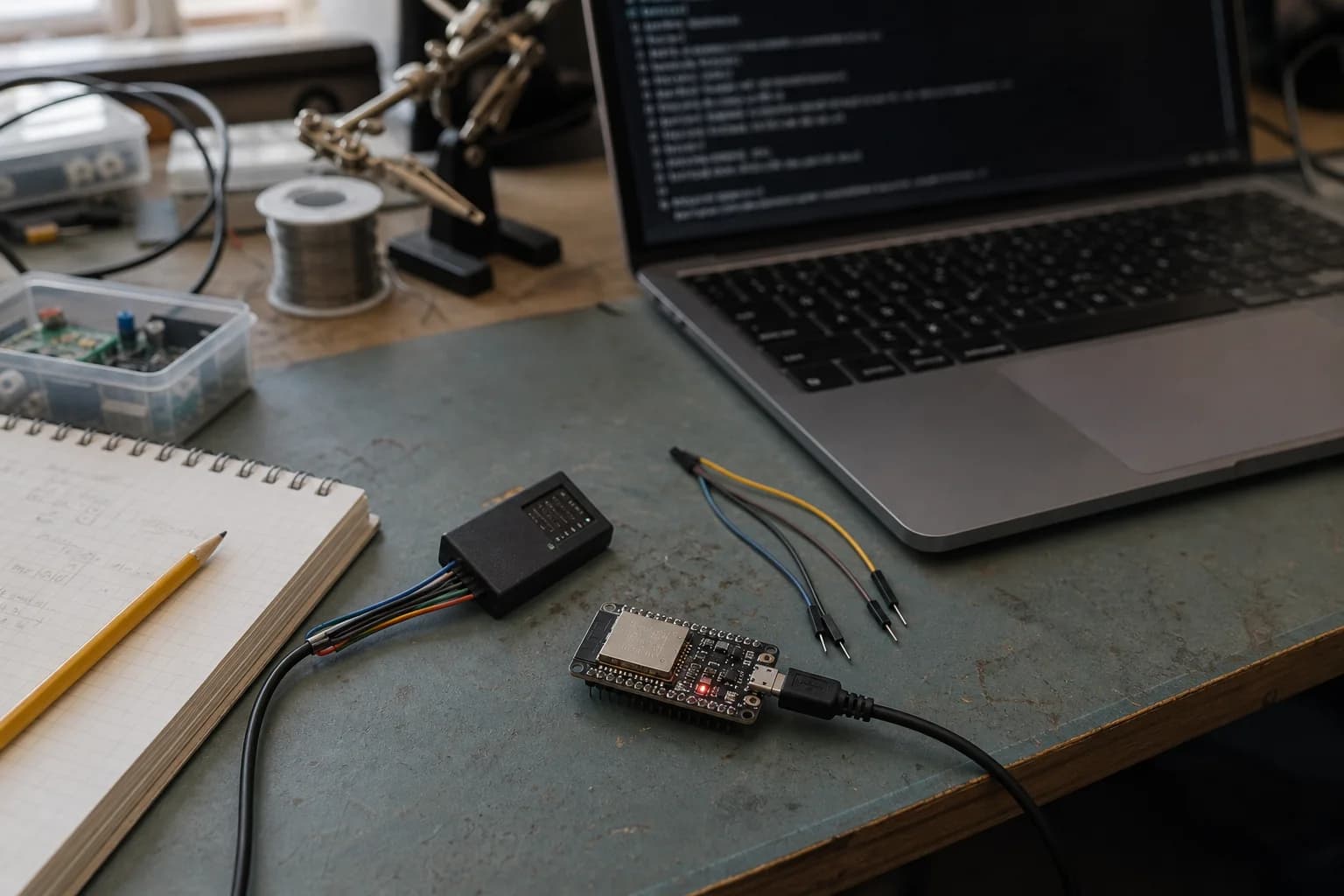ESP32 development board beside a laptop showing a runtime crash log on a practical electronics workbench